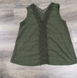 Olive Green Sleeveless Top with Floral Lace Trim